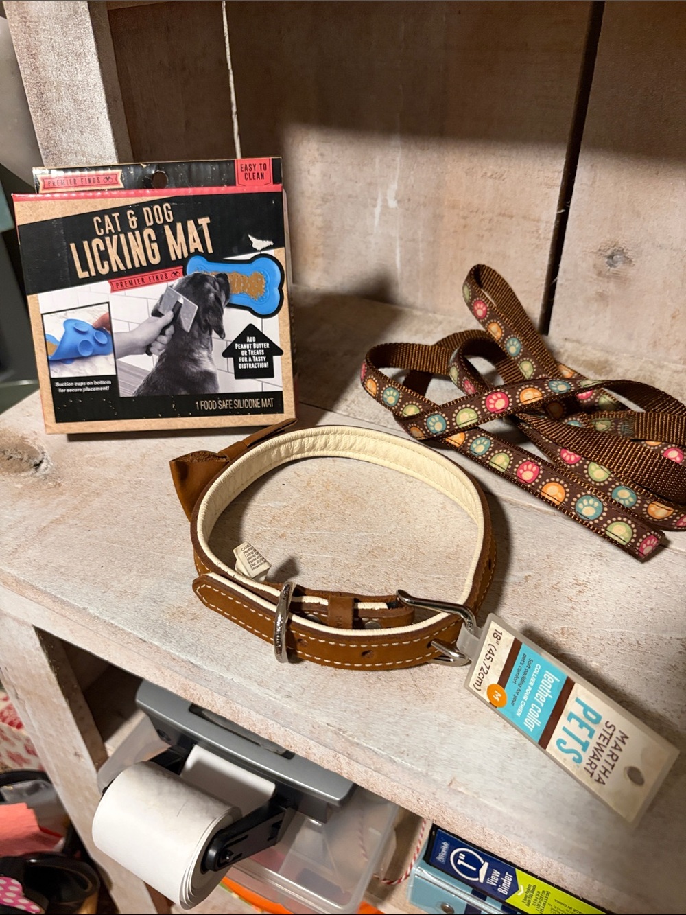Brown Leather Dog Collar and leash and a licking mat for cat or dog
